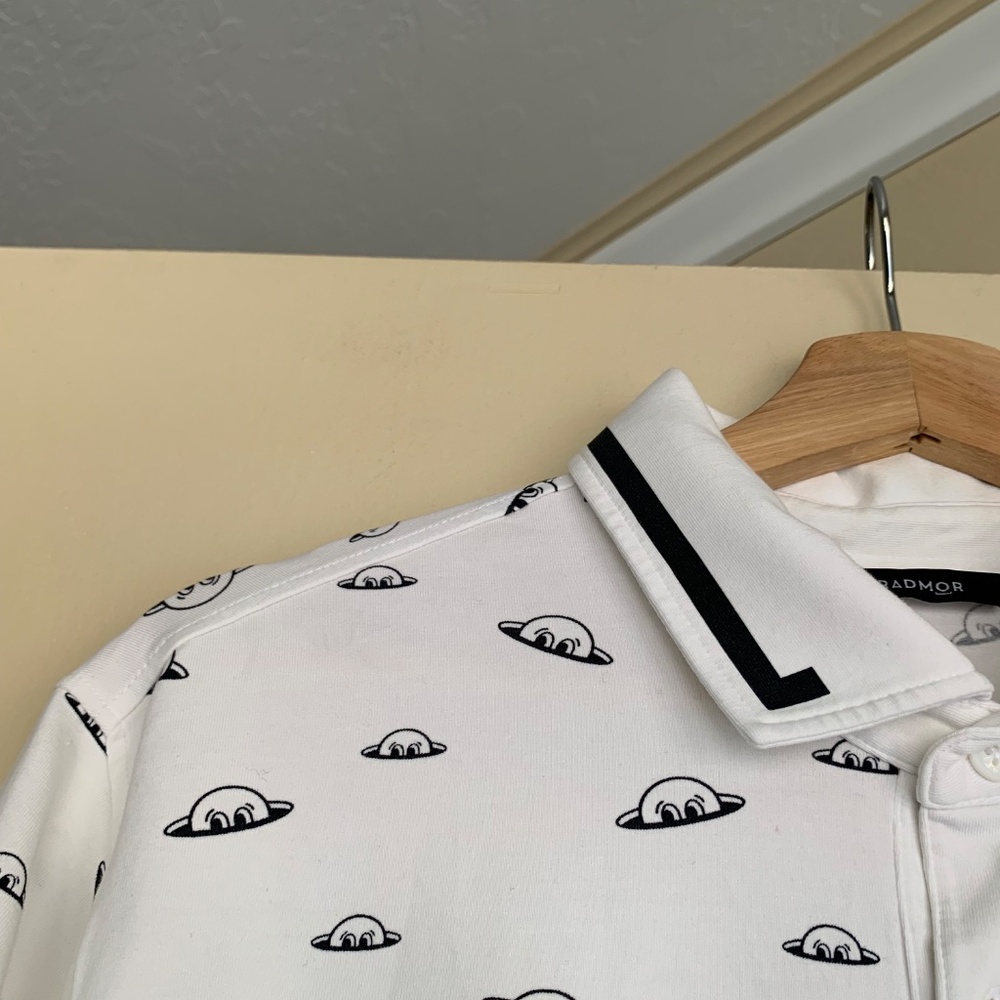 Radmor Men's Polo Golf Shirt Sz.M Pima Cotton White Blue Graphic Golf Ball Print - Picture 2 of 10